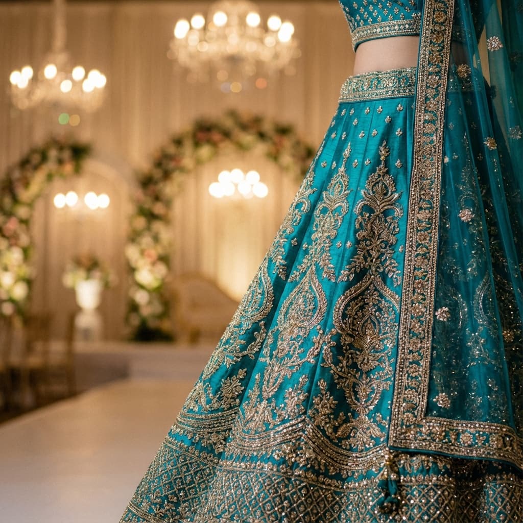Teal and gold embroidered festive lehenga in soft candlelight, set in a quiet corner suited to Saraswati Puja.