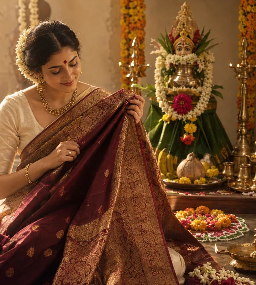 A woman studying the gold border of a treasured burgundy saree