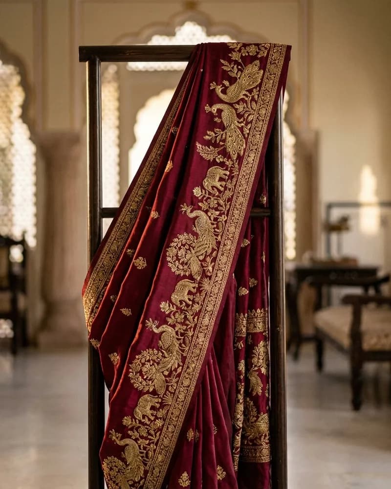 A saree draped over a wooden stand in a warm interior