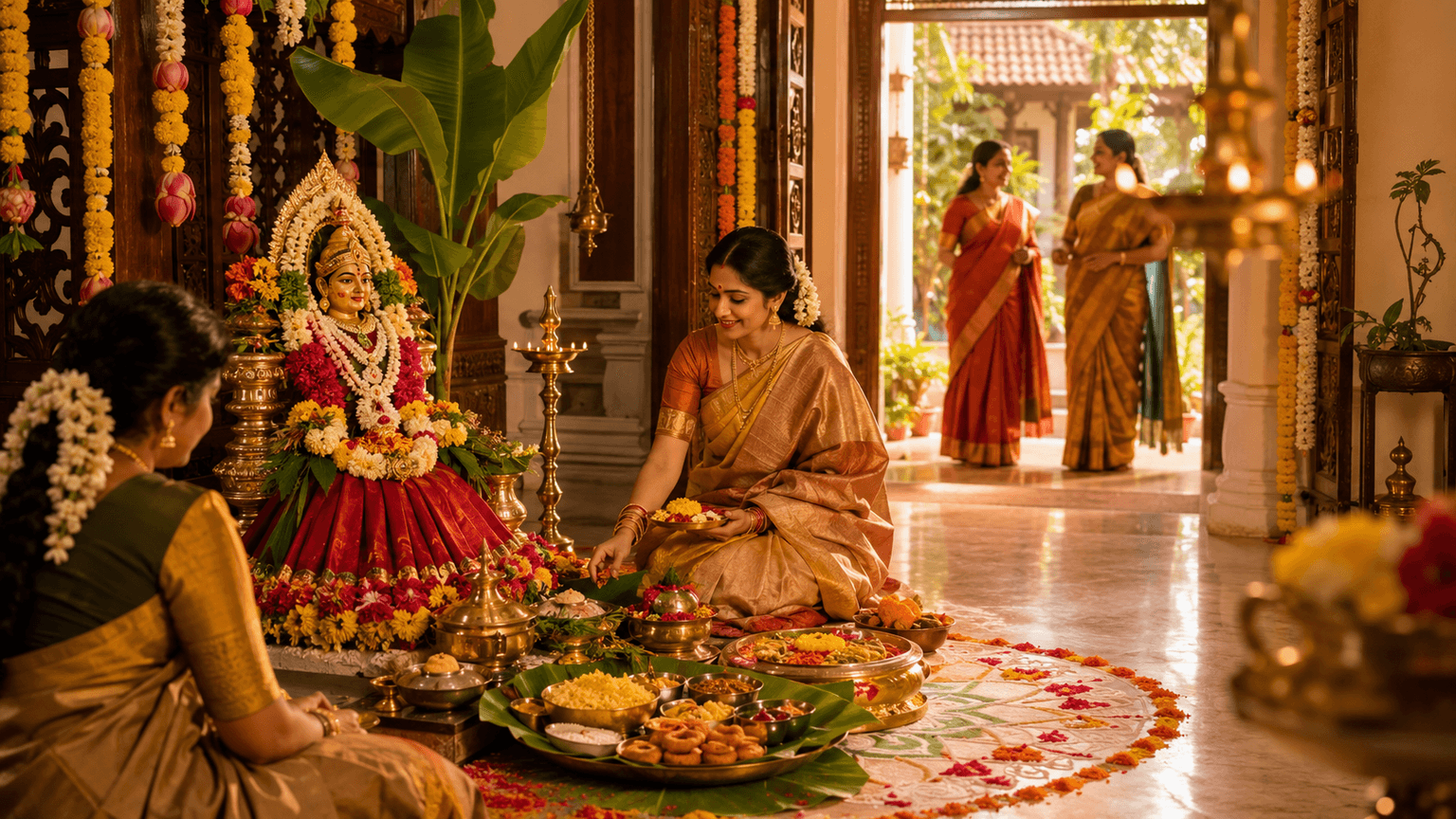 Women in gold and rust silk sarees performing Varalakshmi Vratam puja, offering naivedyam on a banana leaf before a flower-adorned Goddess idol in a traditional home.