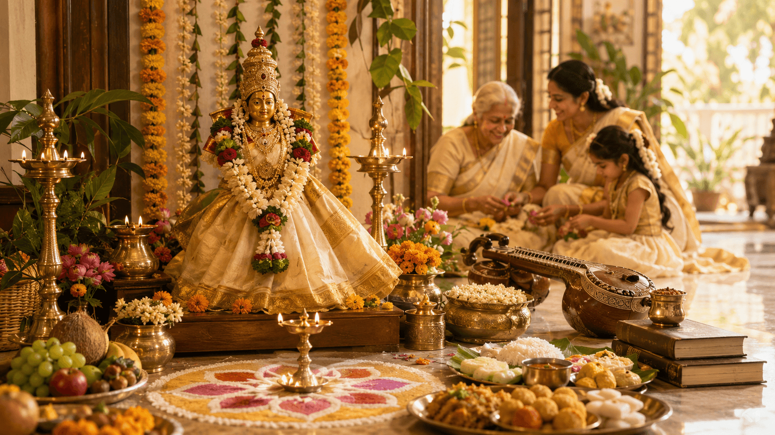 Goddess Lakshmi idol dressed in gold and garlands at a home Varamahalakshmi puja, with lit brass diyas, a flower rangoli, fruits, sweets and a veena in the background as three generations of the family sit together.