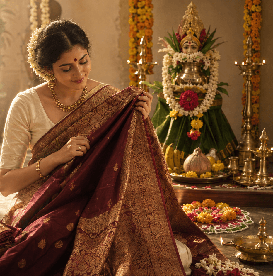 Woman in a maroon and gold Kanchipuram silk saree with a jasmine gajra, folding the pallu in front of a decorated Varamahalakshmi puja idol with marigold garlands, brass lamps and fruit offerings.