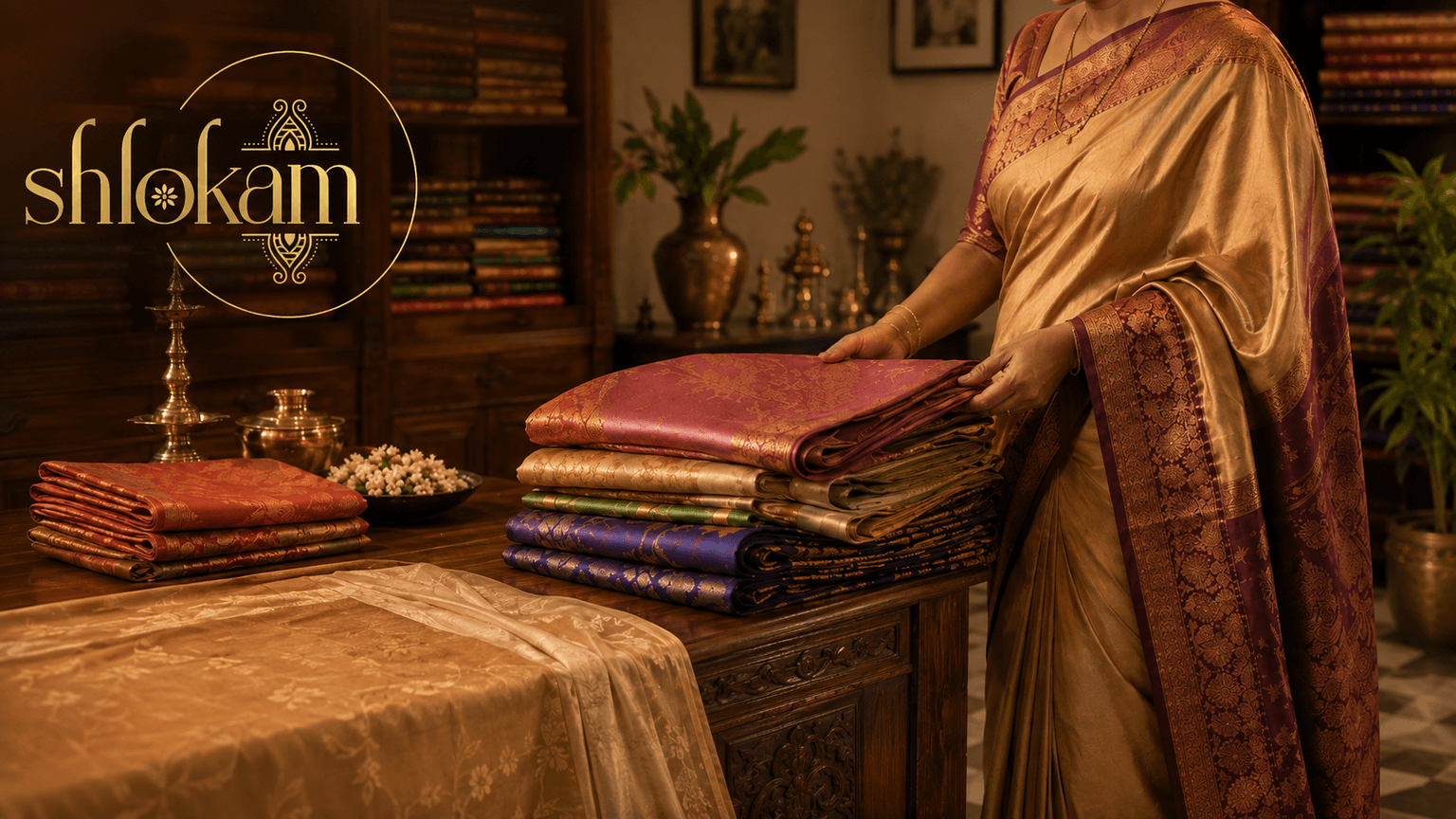 Stack of folded silk sarees in red, gold, green and purple beside a woman draped in a gold Kanchipuram silk saree at a heritage table set with brass lamps and jasmine.