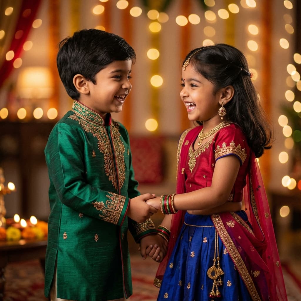 Two children in festive silk and embroidered outfits laughing and holding hands against a backdrop of glowing string lights during Navratri celebrations.