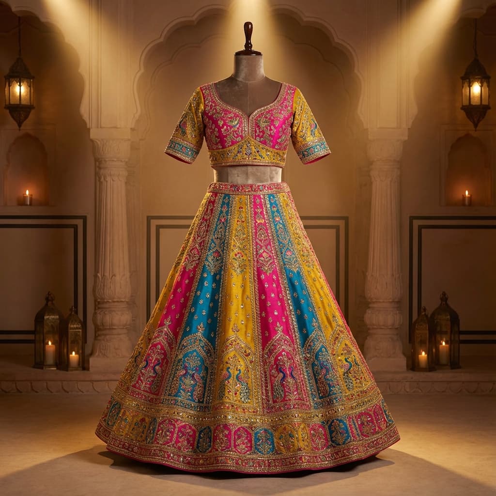 Vibrant pink, yellow and teal embroidered festive lehenga displayed under warm lantern light, echoing the nine colours of Navratri.
