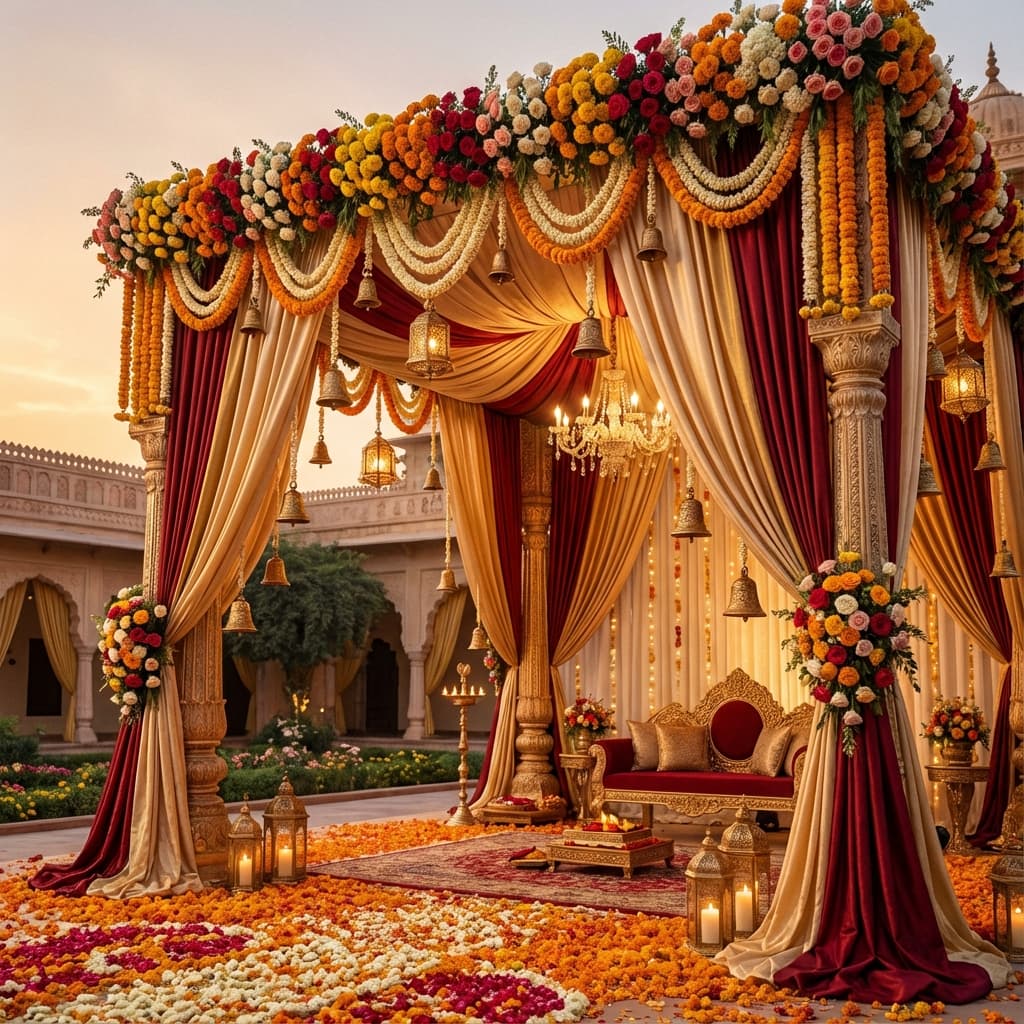A festively decorated mandap strung with marigold garlands, hanging bells and lanterns, set for a Bombe Habba celebration at home.