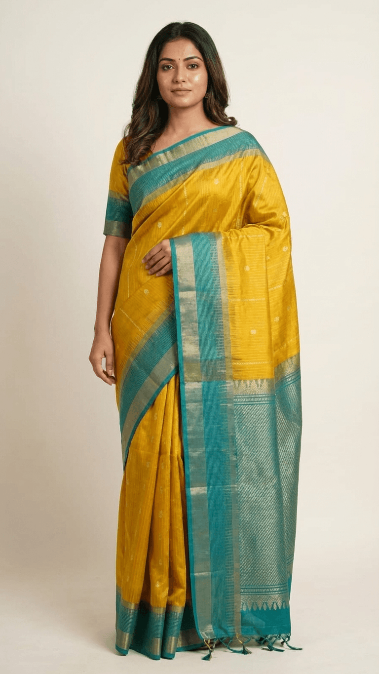 Pure Kanchipuram Silk Saree – Mustard with Teal Grand Pallu