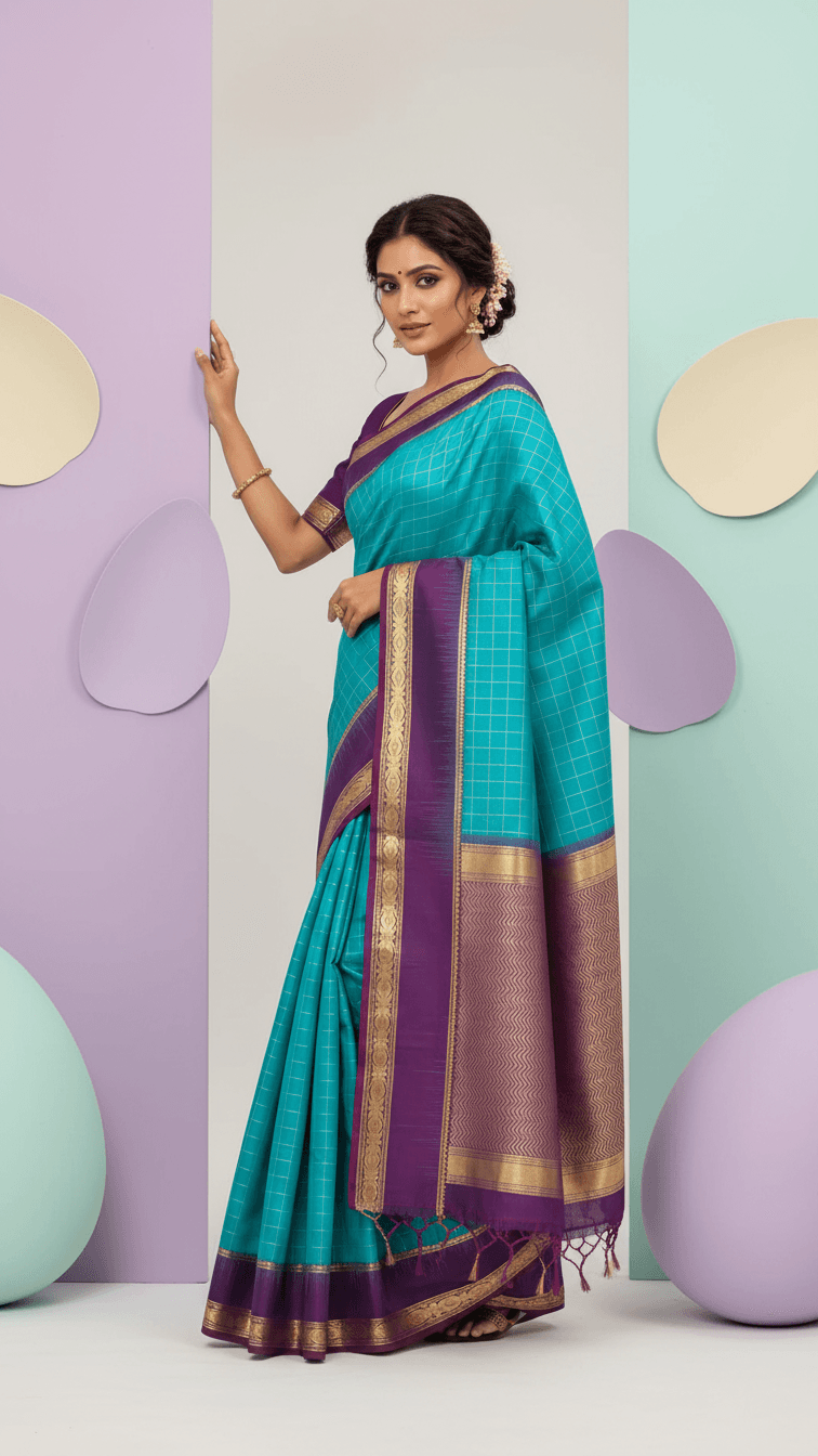 Pure Kanchipuram Silk Saree – Teal Blue with Royal Purple Border & Grand Pallu