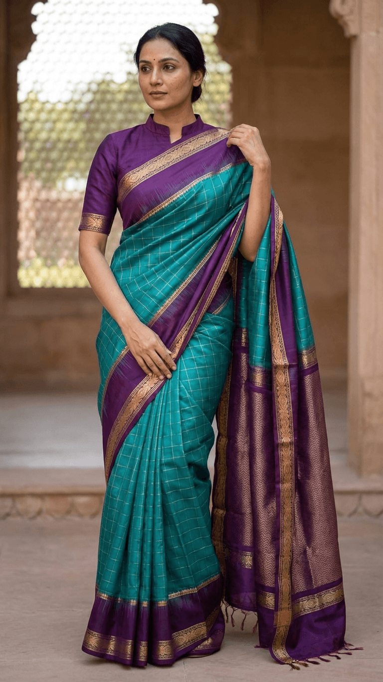 Teal Blue Kanchipuram Silk with Royal Purple Pallu