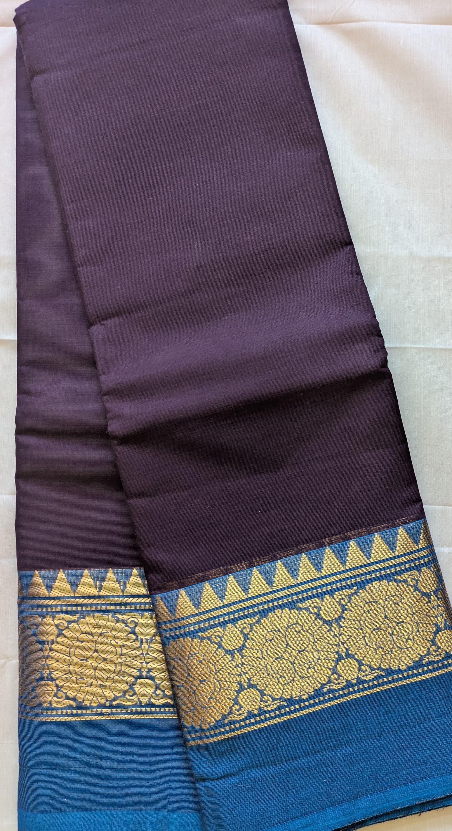 Aubergine Purple Chettinad Cotton with Bright Blue Border