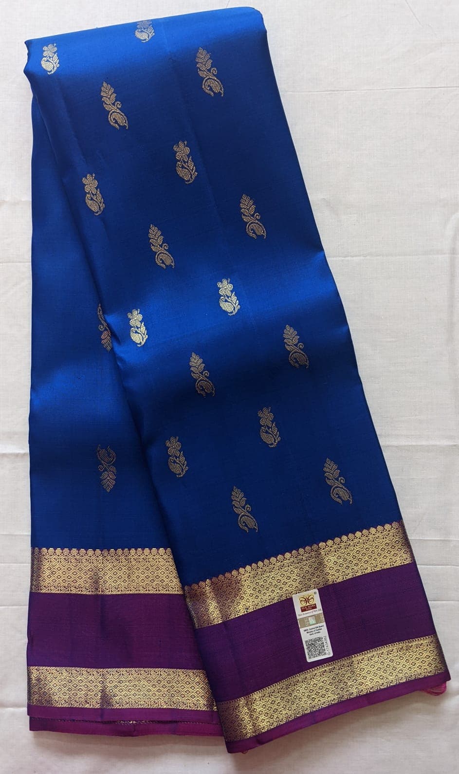 Royal Blue Pure Kanchipuram Silk Saree with Purple Border and Golden Zari
