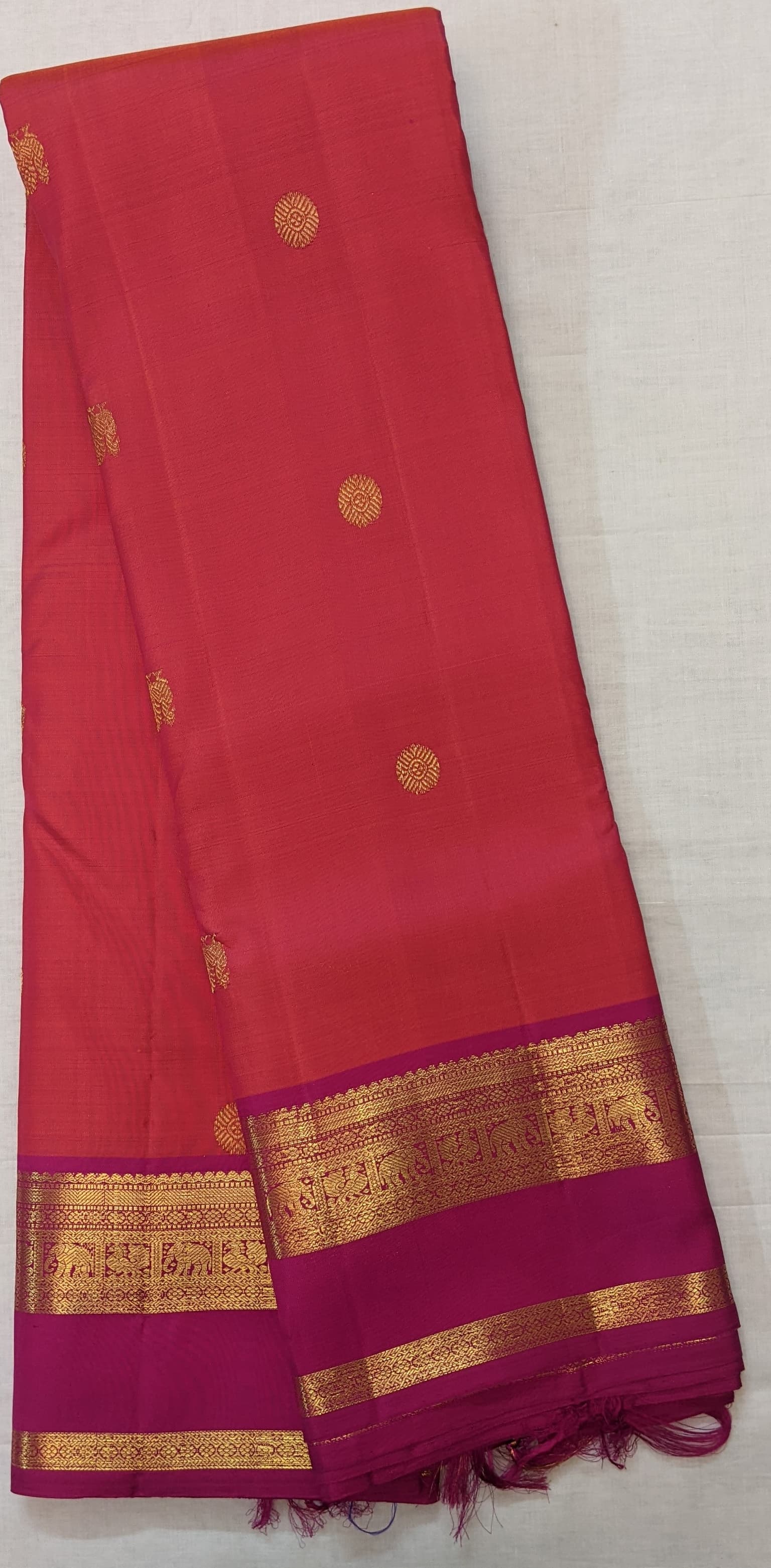 red and orange double colour pure kanchi silk saree