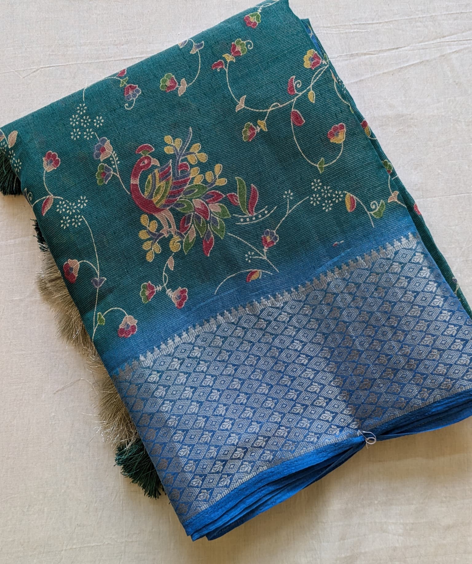 Teal Blue Fancy Kota Saree with Floral Print and Woven Border