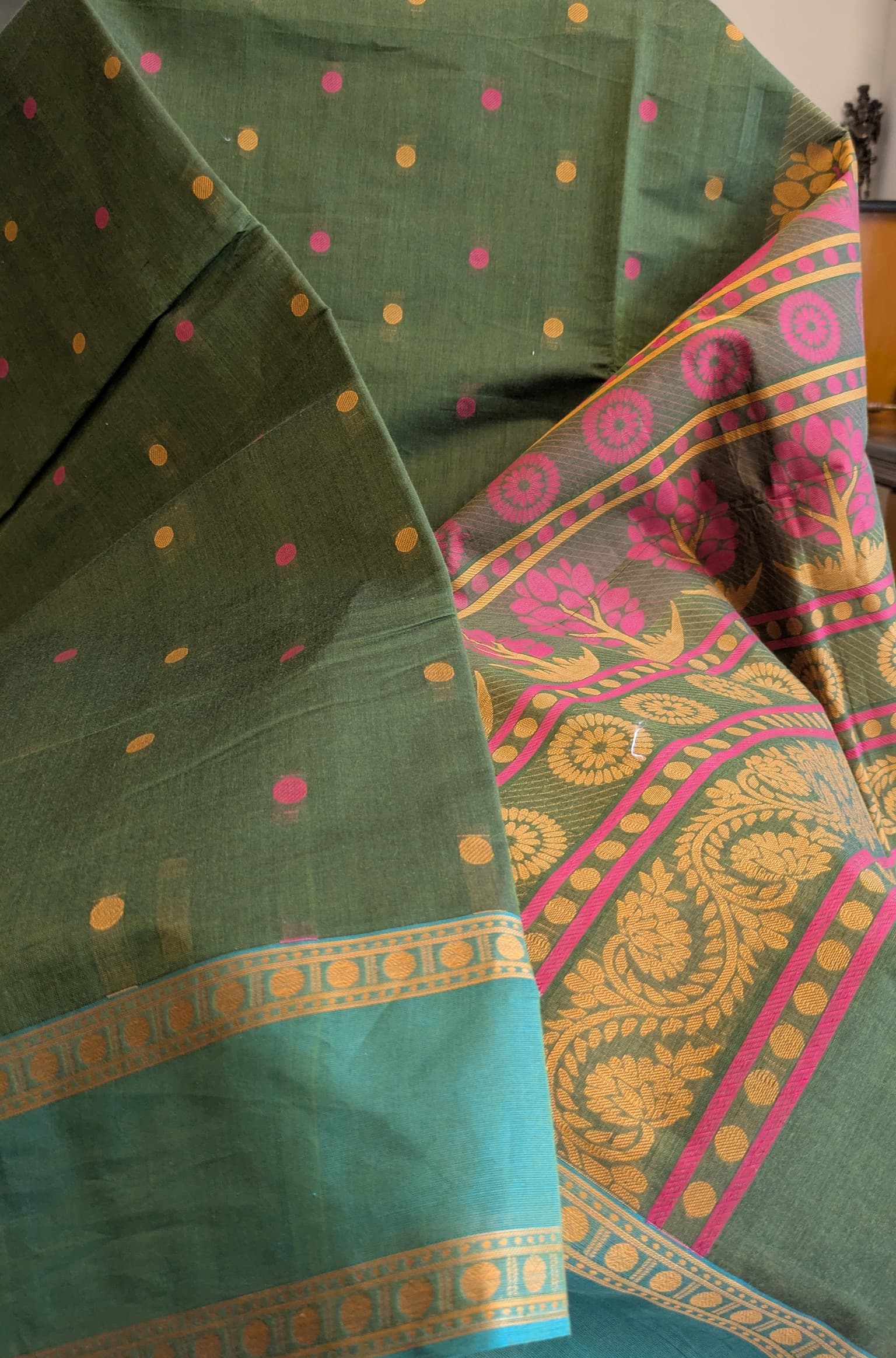 Olive Green Pure Cotton Saree with Teal Woven Border