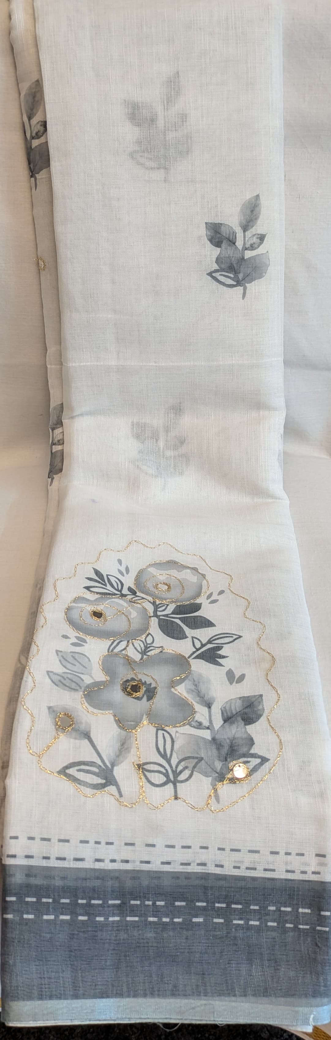 White and grey linen cotton saree