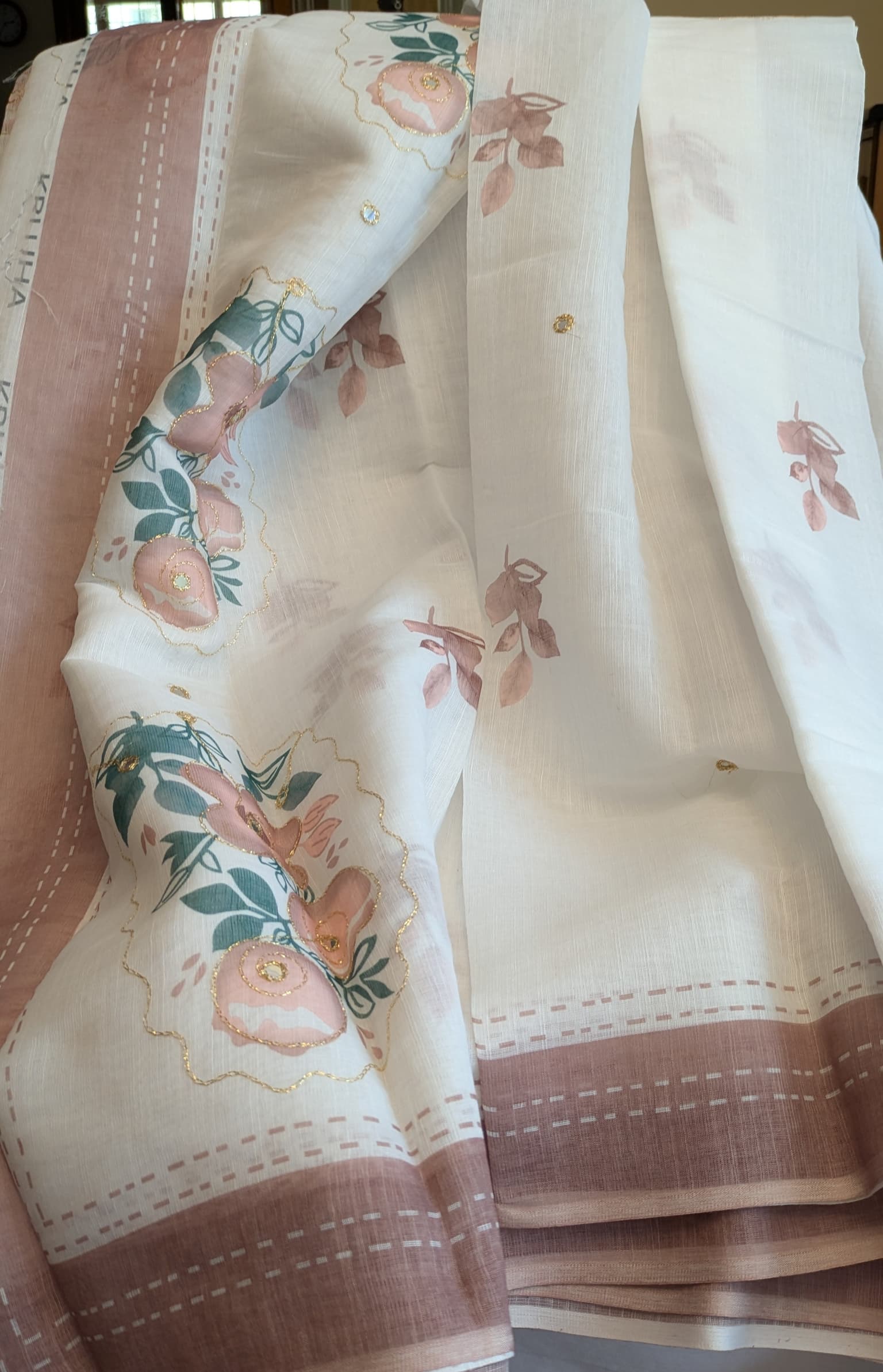 Half white linen saree